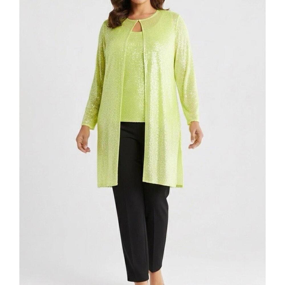 Anne Klein Sequined Duster Cardigan Women's L Yellow Green Crewneck Hook & Eye